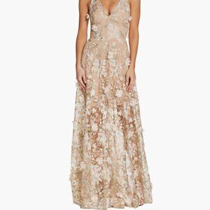 NWT - L - Dress The Population Sidney Deep V-Neck 3D Lace Gown - Nude/pink